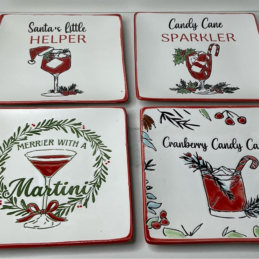 4 Global Design Christmas Cocktail Square Plates Ceramic New